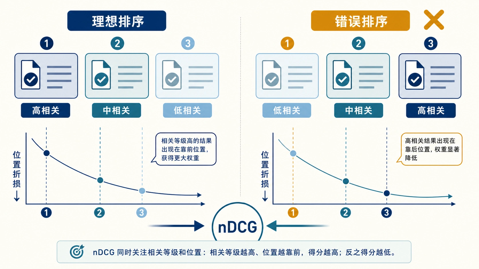 nDCG：相关等级与排名共同决定得分